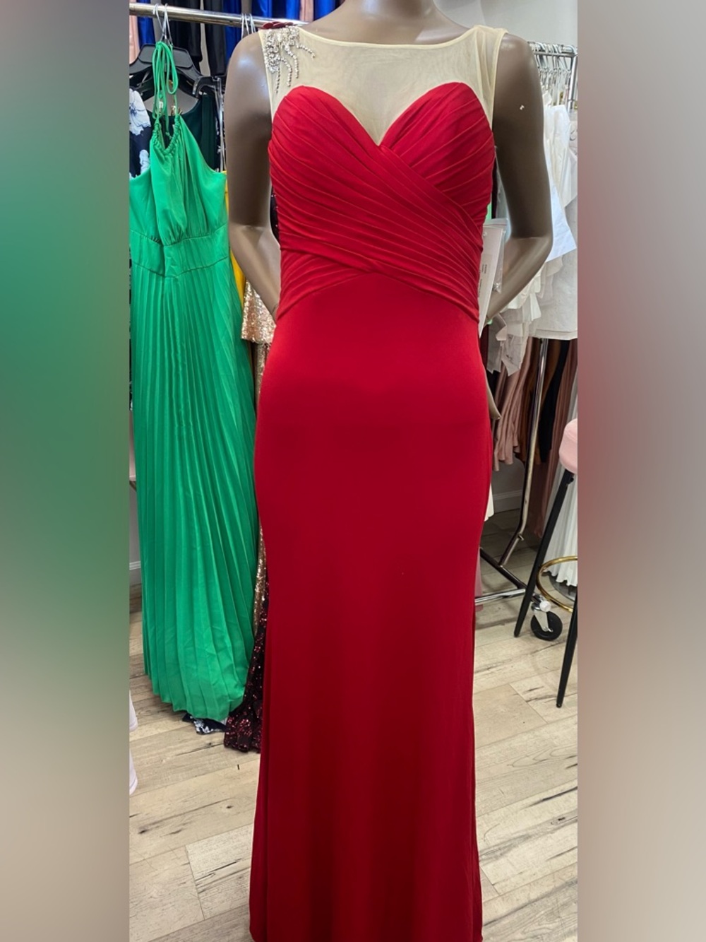 Red Sheath Evening Dress with Illusion Neckline
